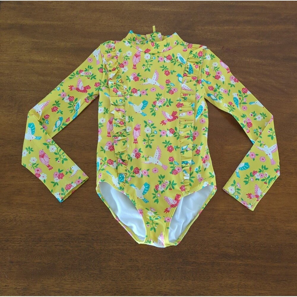 Mini Boden girls yellow floral bird ruffle one-piece rash guard swimsuit size7/8